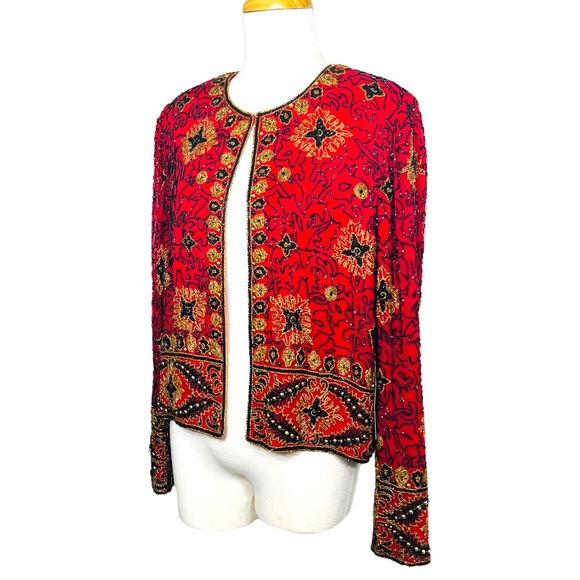 Adrianna Papell Sequined Formal Silk Jacket Handmade in India Vintage 1994 L NWT - Picture 5 of 16